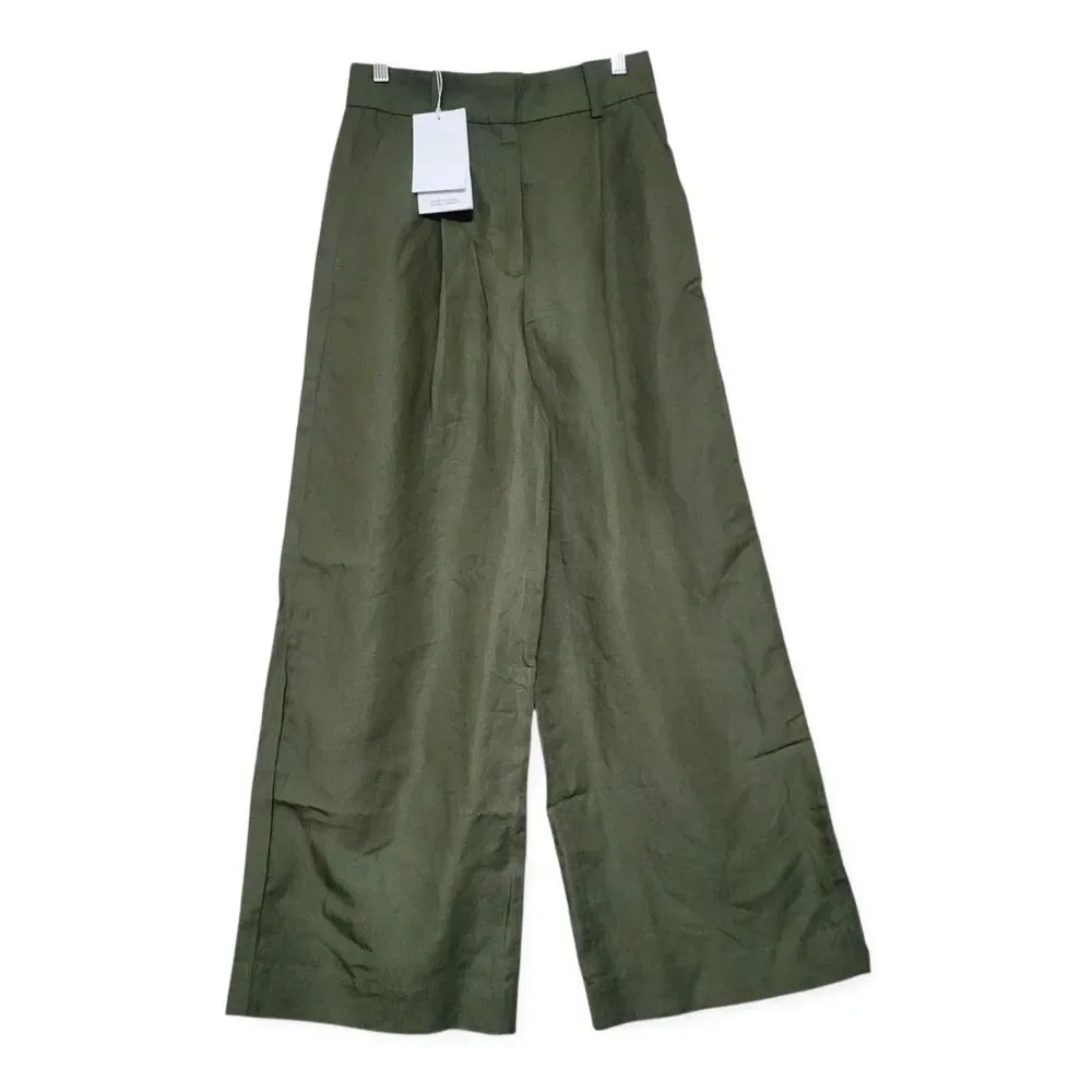 COS Size 4 NWT High Rise Wide Leg Pleated Linen Bl Pants Neutral Solid Green